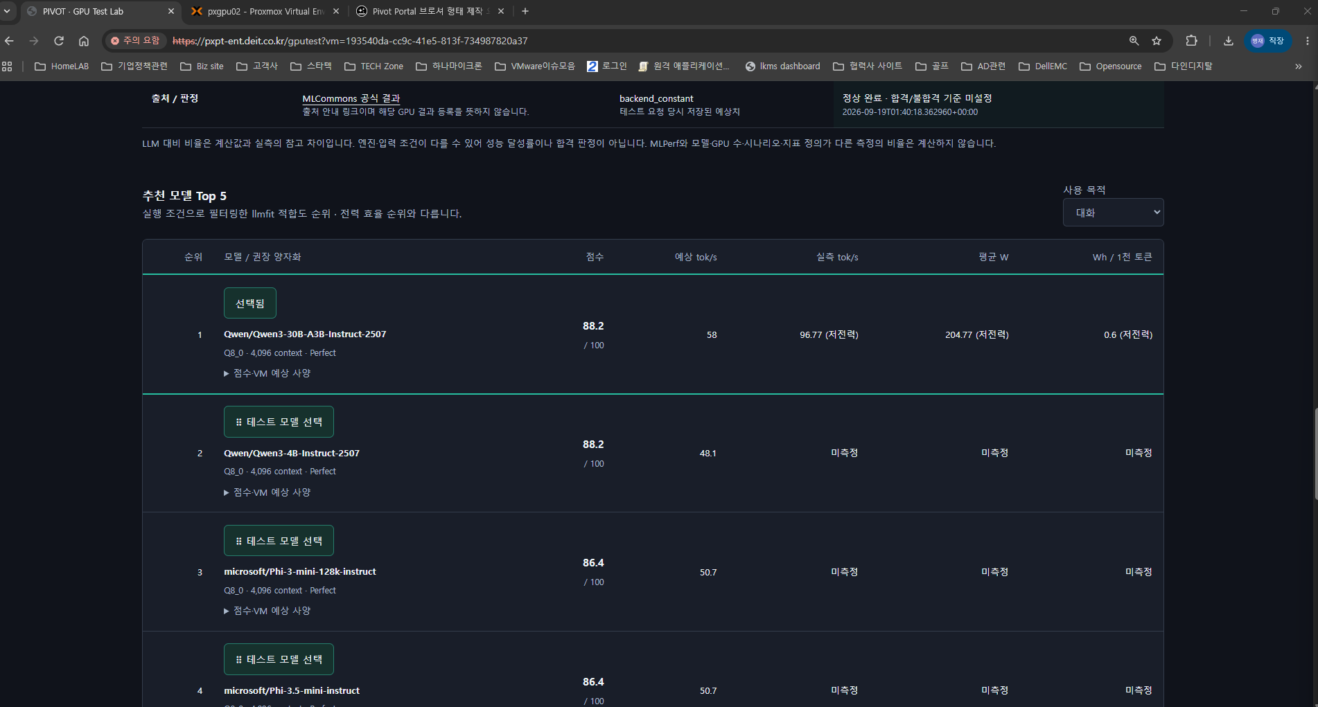 추천 후보에서 테스트 모델 선택 — PIVOT GPU Test Lab 제공 화면